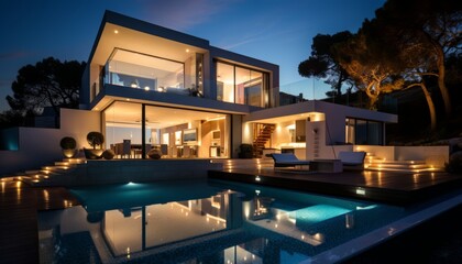 Fototapeta premium Luxurious contemporary white house with breathtaking pool nestled in the picturesque mountains