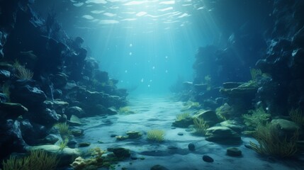 Underwater Sea - Deep Abyss With Blue Sun light Alongside With Coral Reefs and Seabed at Bottom of The Sea