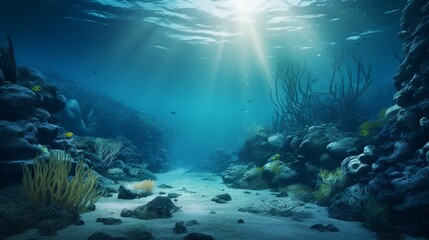 Fototapeta na wymiar Underwater Sea - Deep Abyss With Blue Sun light Alongside With Coral Reefs and Seabed at Buttom of The Sea