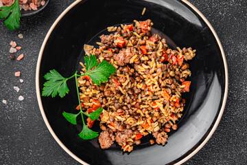 rice and lentils vegetable healthy eating cooking appetizer meal food snack on the table copy space food background rustic top view vegetarian vegan food no meat