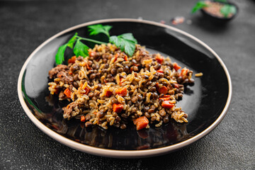 rice and lentils vegetable healthy eating cooking appetizer meal food snack on the table copy space food background rustic top view vegetarian vegan food no meat