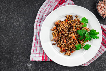 rice and lentils vegetable healthy eating cooking appetizer meal food snack on the table copy space food background rustic top view vegetarian vegan food no meat