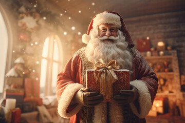 Santa Claus holding a present, AI generated - obrazy, fototapety, plakaty