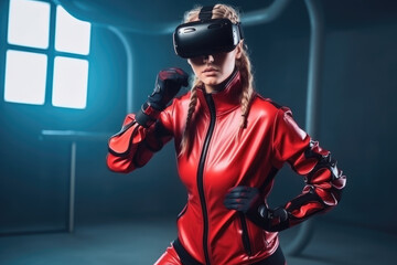 beautiful athletic girl with a VR headset, AI generated