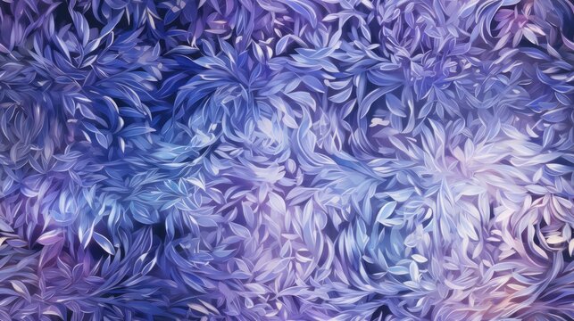  a painting of blue and purple leaves on a purple and blue background with a white center on the left side of the image. generative ai © Anna