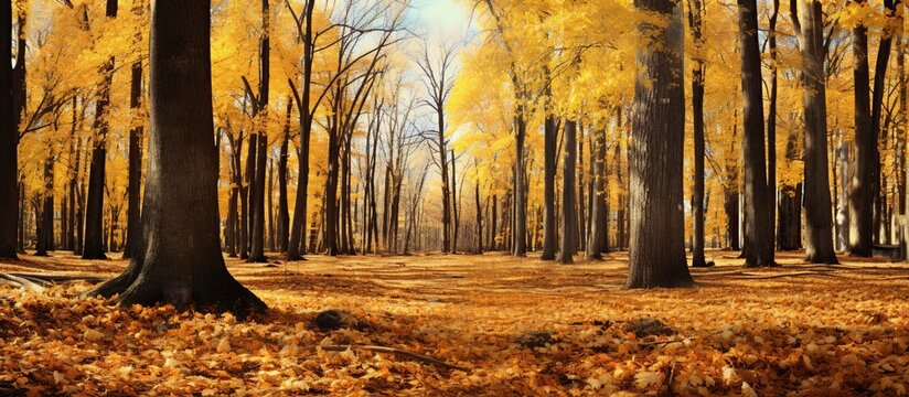 Autumn forest tree with golden leaves on sunny day. AI generated image