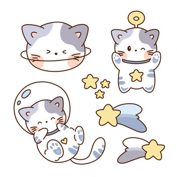 set of handdrawn cute kitten cat at space illustration vector clip art