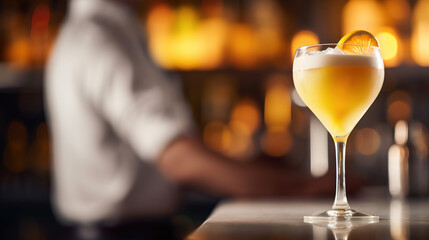 close up of a yellow cocktail with blurred Bartender and bar in the back with empty copy space	