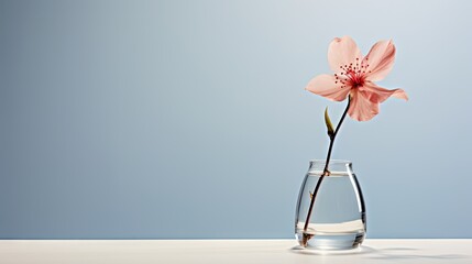  a single pink flower is in a glass vase with water on the side of a white table and a blue wall in the background.  generative ai