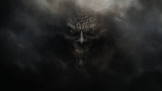 evil face with smoke in the darkness