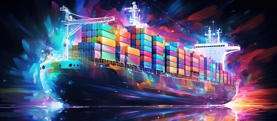Colorful neon hologram cargo ship drawing style. AI generated image