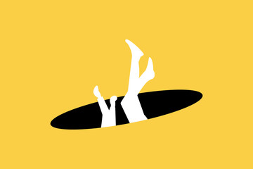 Business and financial crisis vector concept with businessman falling down the hole. Symbol of market crash, recession, risk, bankruptcy and loss. Eps10 illustration - obrazy, fototapety, plakaty