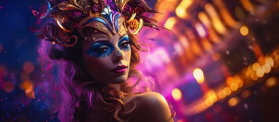 Attractive Woman With colorful Carnival masquerade Mask. AI generated image - obrazy, fototapety, plakaty