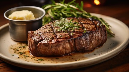  a white plate topped with a piece of steak next to a small bowl of mashed potatoes and green beans.  generative ai