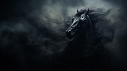 Dark style stylized portrait of horse in the smoke