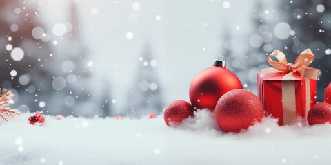 Fototapeta na wymiar Christmas holiday background with red gift and decorations on snow with fir branches on bokeh winter background, Merry Xmas concept, generative ai
