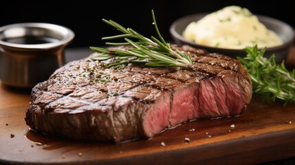  a piece of steak sitting on top of a wooden cutting board next to a small bowl of mashed potatoes.  generative ai