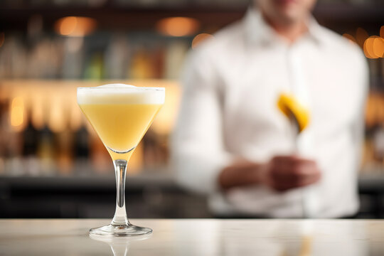 close up of a yellow cocktail with blurred Bartender and bar in the back with empty copy space	
