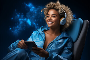 cheerful young blonde woman in headphones and in a blue suit with a phone smiles while sitting in a chair on a color background. copy space