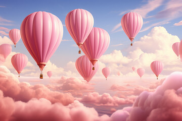 Obraz premium Pink balloons flying above a cloud, photorealistic detail, packed with hidden details, simplicity, monochromatic color palettes, lightbox