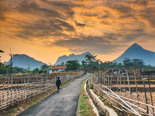 Indonesia School students on countryside going to school. Beautiful view in the morning with Parang mountain on background. - obrazy, fototapety, plakaty