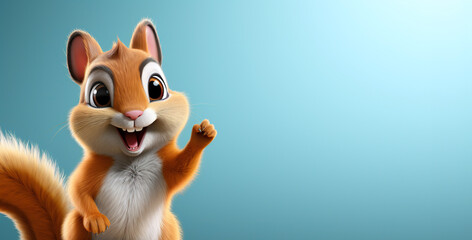 cute cartoon character happy squirrel points paw at copy space on an blue isolated background