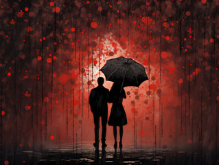 Love Card: Silhouette of a Couple with Umbrella in Romantic Red Tones, Valentine or love concept. Generative AI