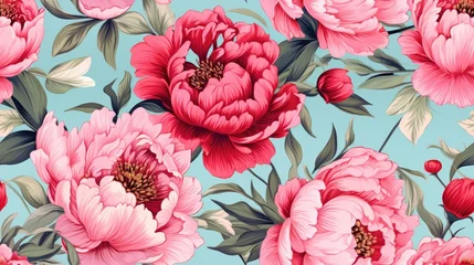 Fotobehang  pink flowers on a blue background with leaves and buds in the middle of the flowers is a large pink flower with green leaves and buds in the middle of the.  generative ai © Anna