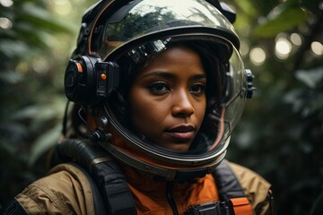 Close-up portrait of a beautiful African American woman wearing an orange spacesuit in a green tropical planet with plants