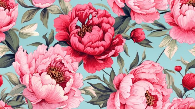  pink flowers on a blue background with leaves and buds in the middle of the flowers is a large pink flower with green leaves and buds in the middle of the.  generative ai