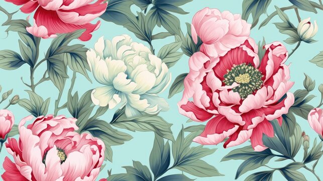  a bunch of pink and white flowers on a light blue background with green leaves and flowers on a light blue background.  generative ai