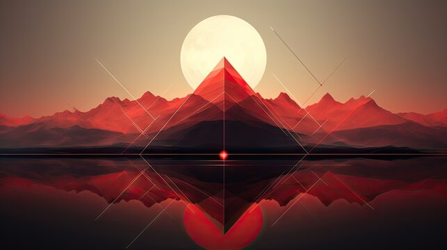  a computer generated image of a mountain range with a red triangle in the foreground and a full moon in the background.  generative ai