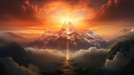  a painting of a mountain range with a cross in the middle of the picture and a sunset in the background.  generative ai
