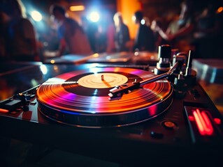  DJ Night Club Deejay Record Player Retro night club neon colorful light DJ is mixing music with deejay controller 