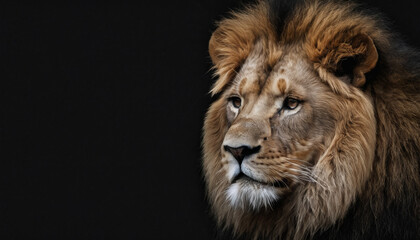 A lion with a sad look on its face and a black background