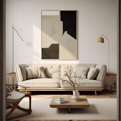 living room. Minimal styling, neutral colors, scandinavian style.