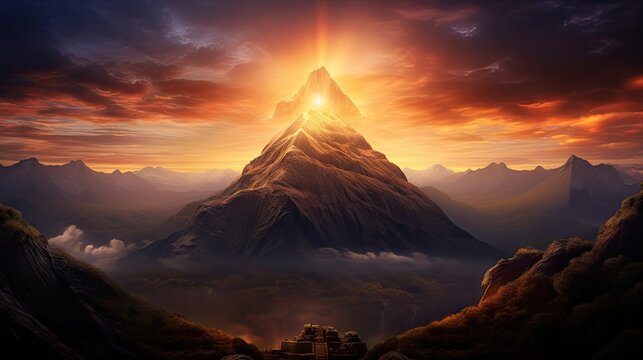  a painting of a mountain in the sky with a bright light coming from the top of the mountain in the middle of the picture.  generative ai