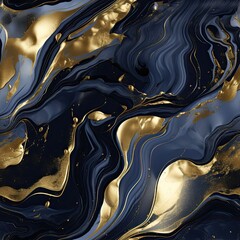 Seamless repeating abstract pattern of gold blue and white metallic ink marble paint texture background