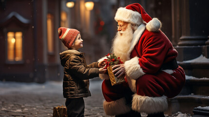 Christmas Santa Claus giving gift to a boy. Generative AI.