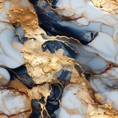 Seamless repeating abstract pattern of gold blue and white metallic ink marble paint texture background