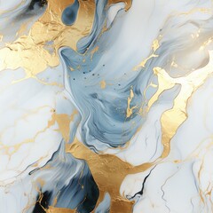 Seamless repeating abstract pattern of gold blue and white metallic ink marble paint texture background
