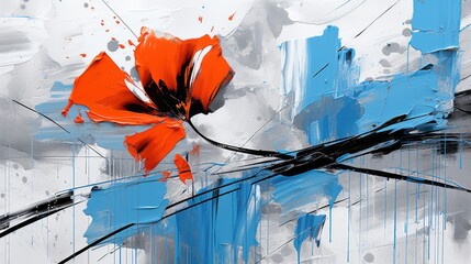  a painting of a red flower on a blue and white background with black and white lines and paint splatters.  generative ai