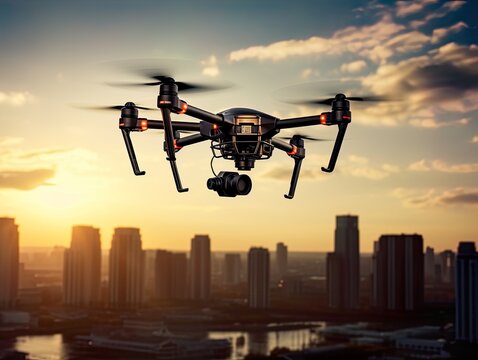 Drone quad copters  flying aerial over spectacular sunset orange sky. Cityscape with sun