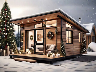 Wooden modern tiny house with flat roof in Christmas decor and snow, Festive mood. Tourism, travel in winter, vacation on New Year, mini hotel, booking, insurance, mortgage, housing, rent, moving.