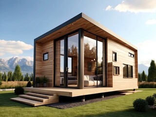 Wooden modern tiny house with flat roof on a green lawn in an eco-friendly place of nature. Tourism, travel, mini hotel, booking, insurance, mortgage, housing, rent, moving.