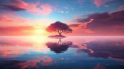  a lone tree stands in the middle of a body of water as the sun sets over the horizon of the ocean.  generative ai
