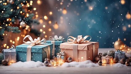 Christmas background with gift boxes with bows in delicate pink, beige, blue tones, bokeh and fairy light. Festive mood Christmas and New Year - obrazy, fototapety, plakaty