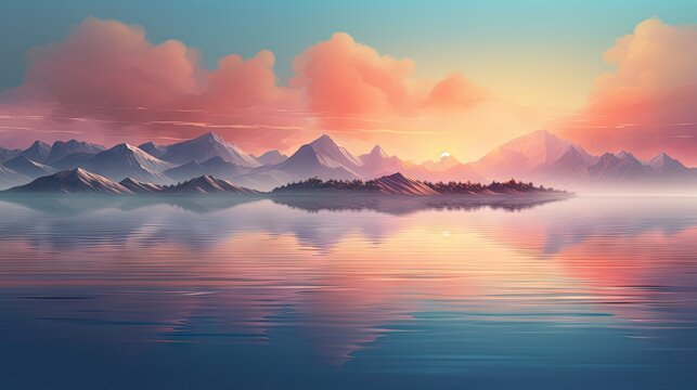  a painting of an island in the middle of a body of water with mountains in the background and clouds in the sky.  generative ai