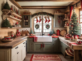 Cozy rustic retro kitchen with Christmas decor, utensils. Merry Christmas and Happy New Year greeting card, home warmth