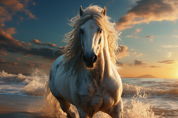 A beautiful white wild horse with very Long hair running in a soft white sand beach by a deep blue, and aquamarine calmed ocean at sunrise. The colorful sun rays reflecting magicaly an making bright f - obrazy, fototapety, plakaty